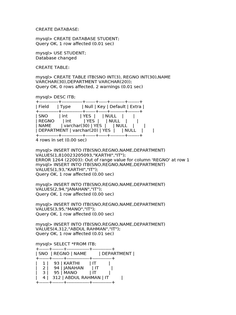 MySQL Database and Table Operations | PDF | Databases | Computing