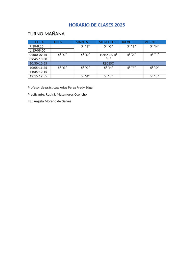 Horario Clases 5° Turno Mañana 2025 | PDF