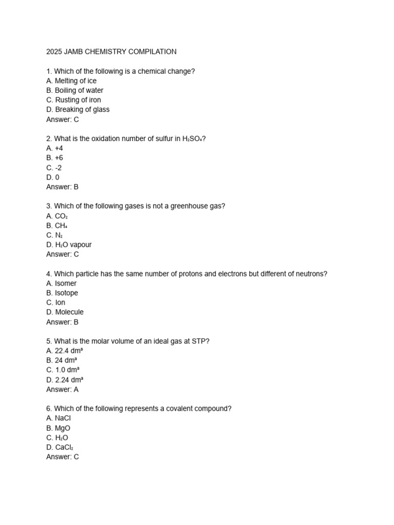 2025 JAMB Chemistry Questions Answers PDF Acid Chemistry