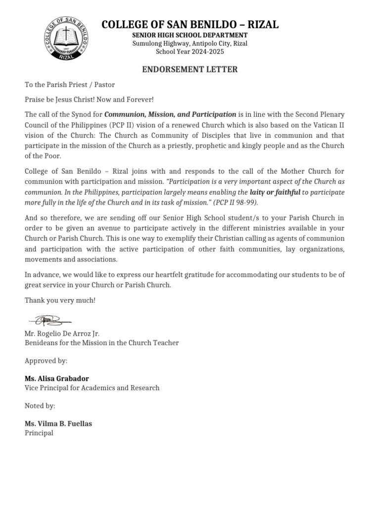 Endorsement Letter for Parish Participation | PDF