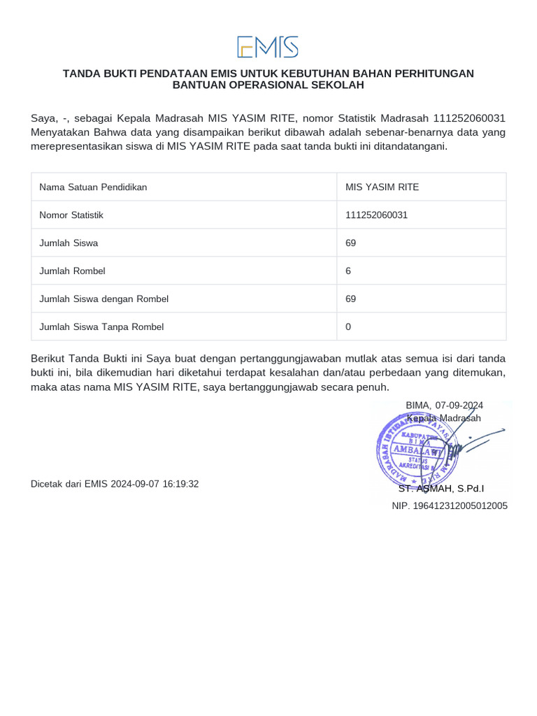 Tanda Bukti Pendataan EMIS MIS YASIM RITE | PDF