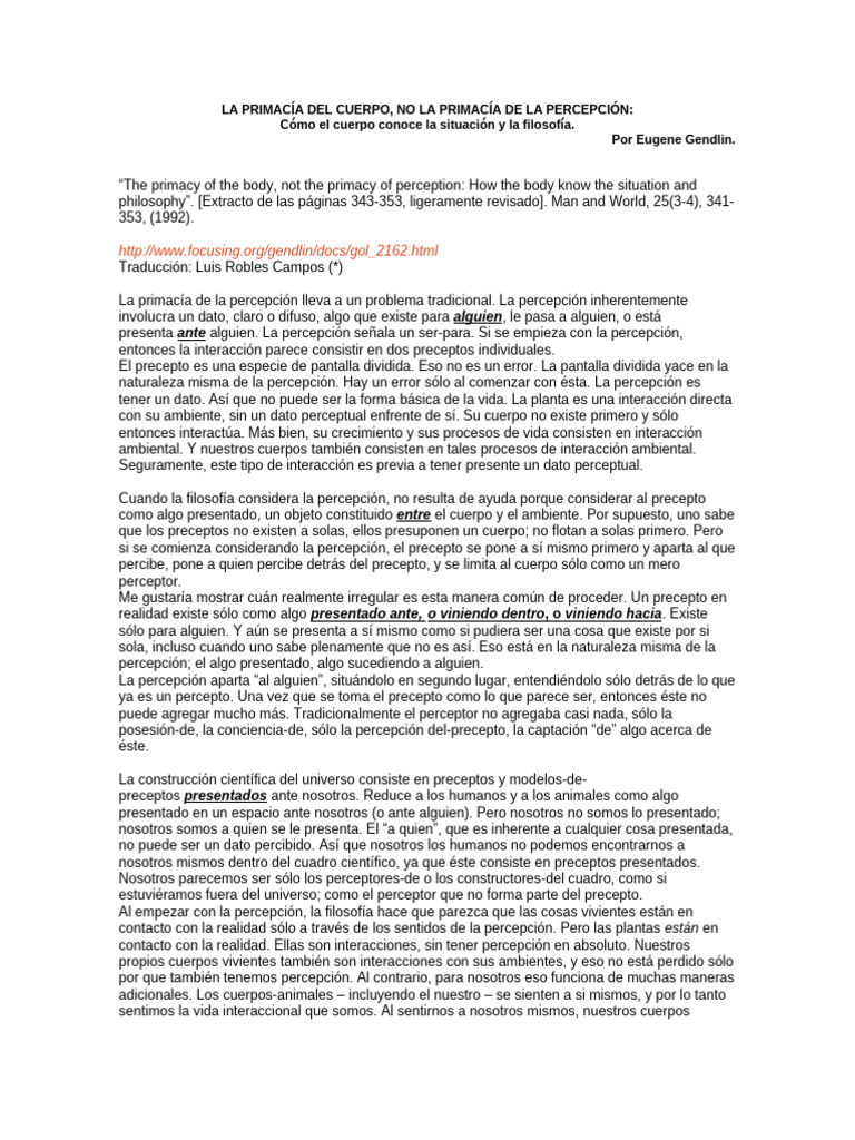 La primacía del cuerpo en la percepción | PDF | Percepción | Pensamiento