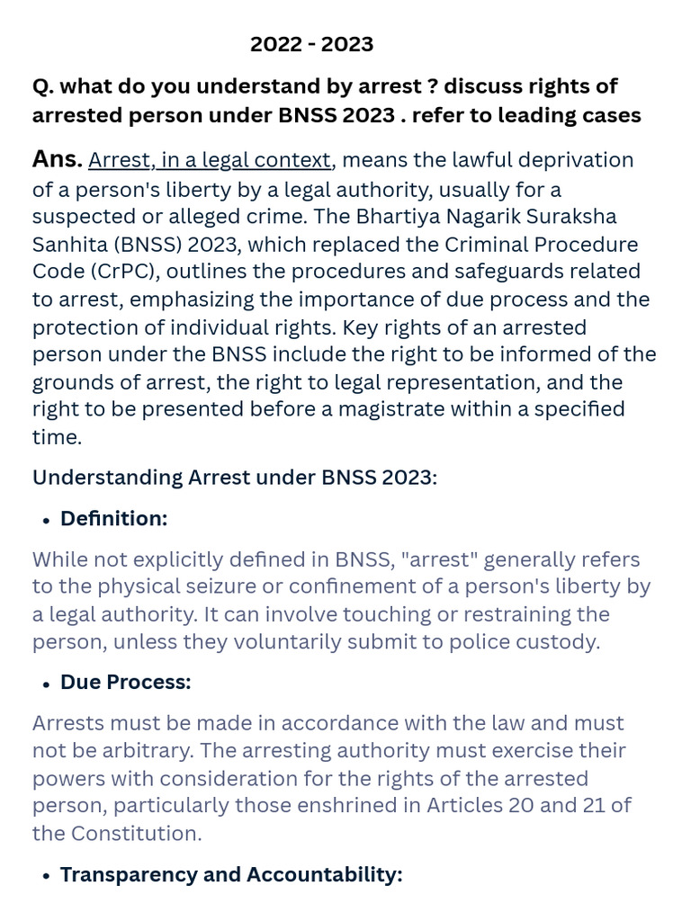 Rights of Arrested Persons under BNSS | PDF | Bail | Arrest
