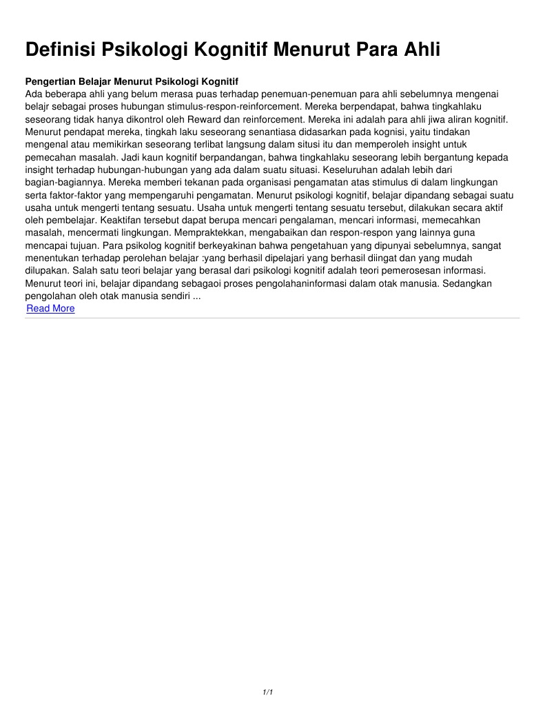 Definisi Psikologi Kognitif Menurut Para Ahli Pdf