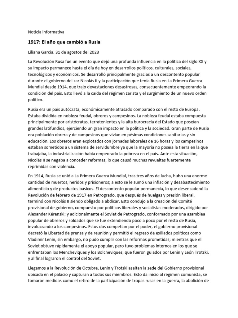 La Revolución Rusa 1917 - Liliana García | PDF | Vladimir Lenin ...