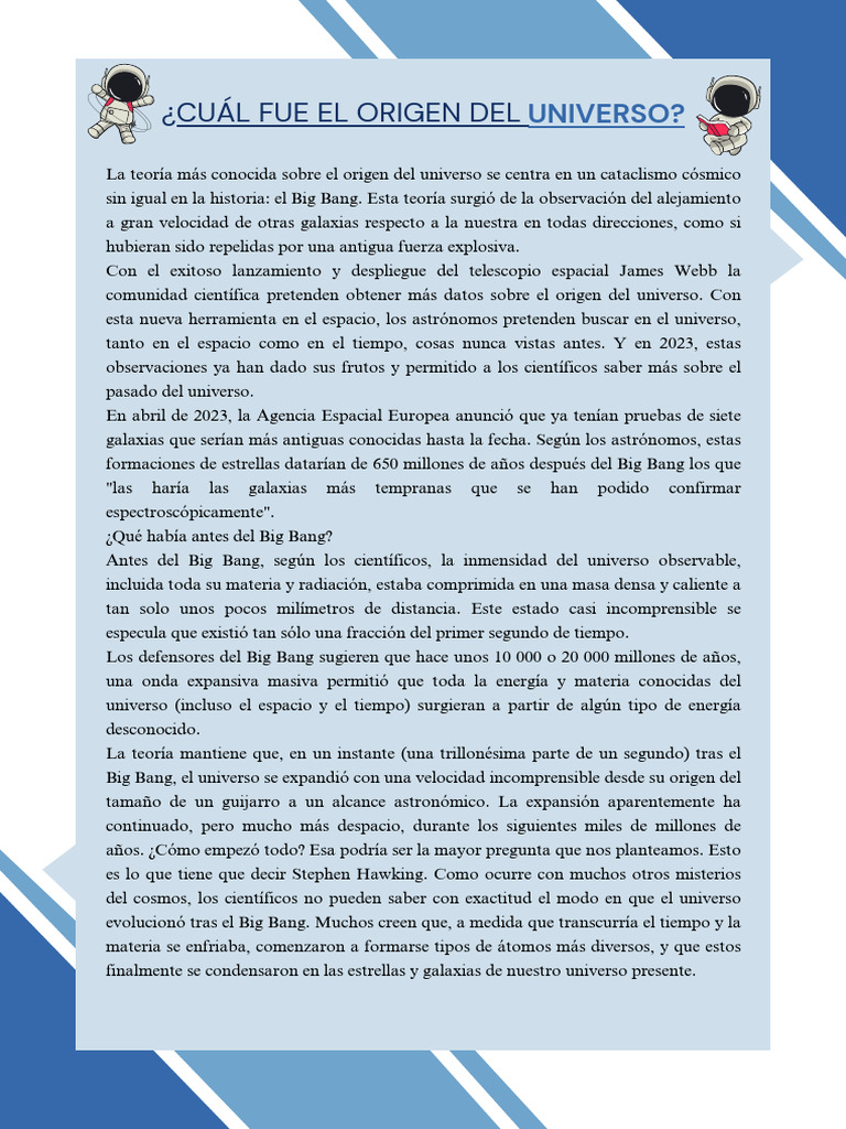 Origen del universo: Big Bang y descubrimientos | PDF | Universo | Big Bang
