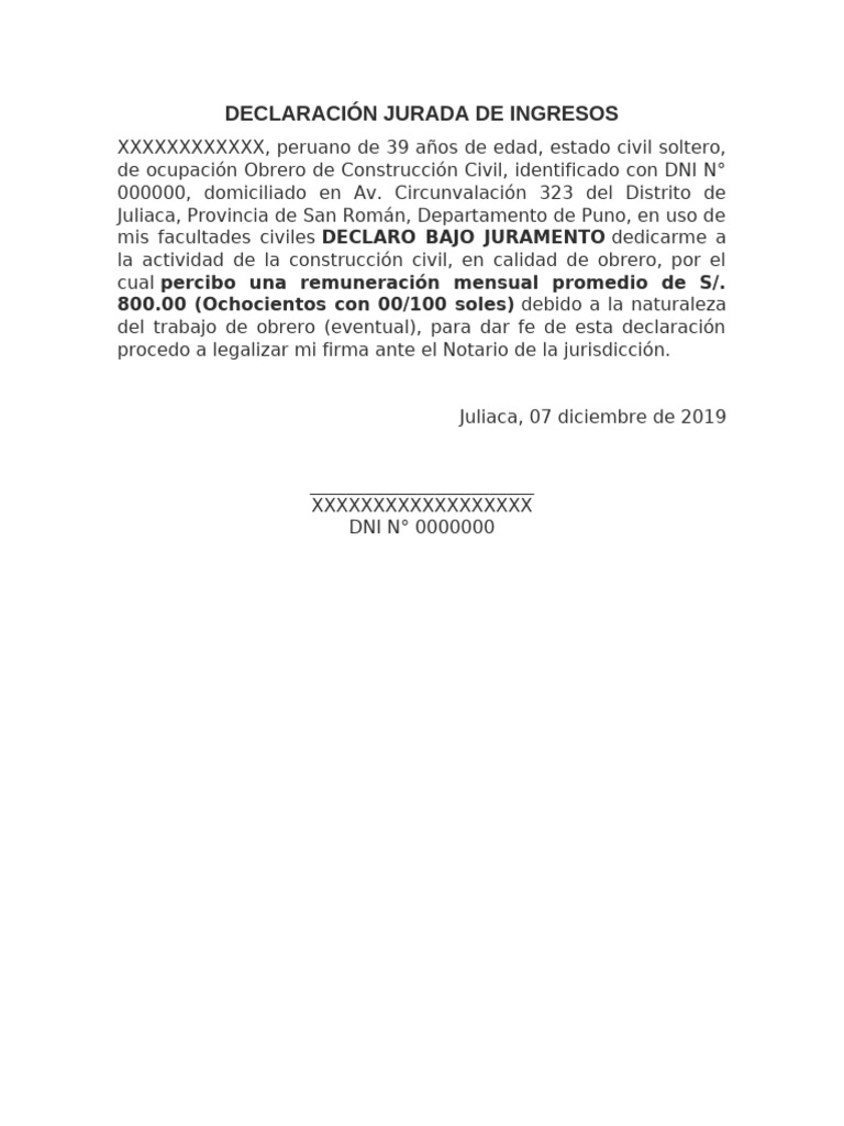 Declaración Jurada de Ingresos - Modelo - Ojo | PDF