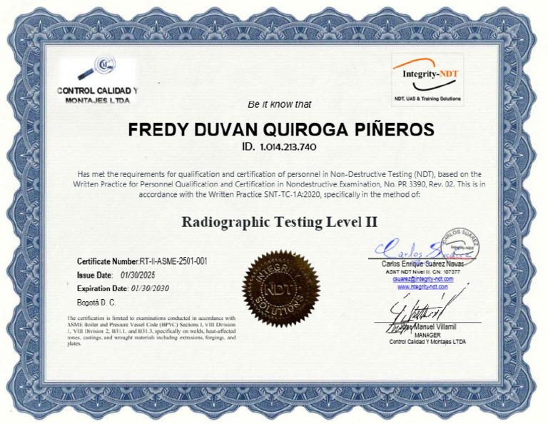 2501 Certificado RT Level II Freddy | PDF