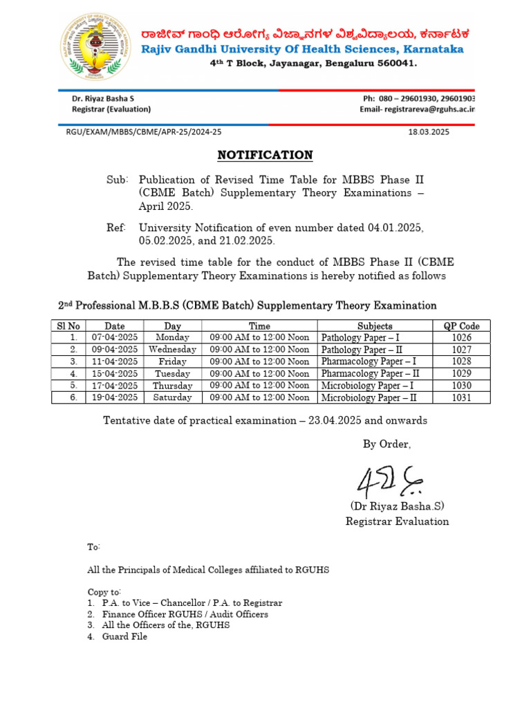 Revised MBBS Phase II Exam Schedule 2025 | PDF
