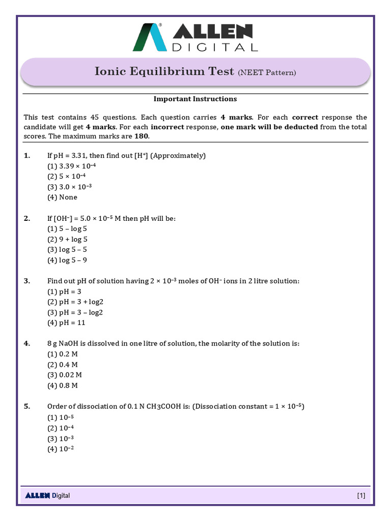 Exercise | PDF | Ph | Chemical Equilibrium