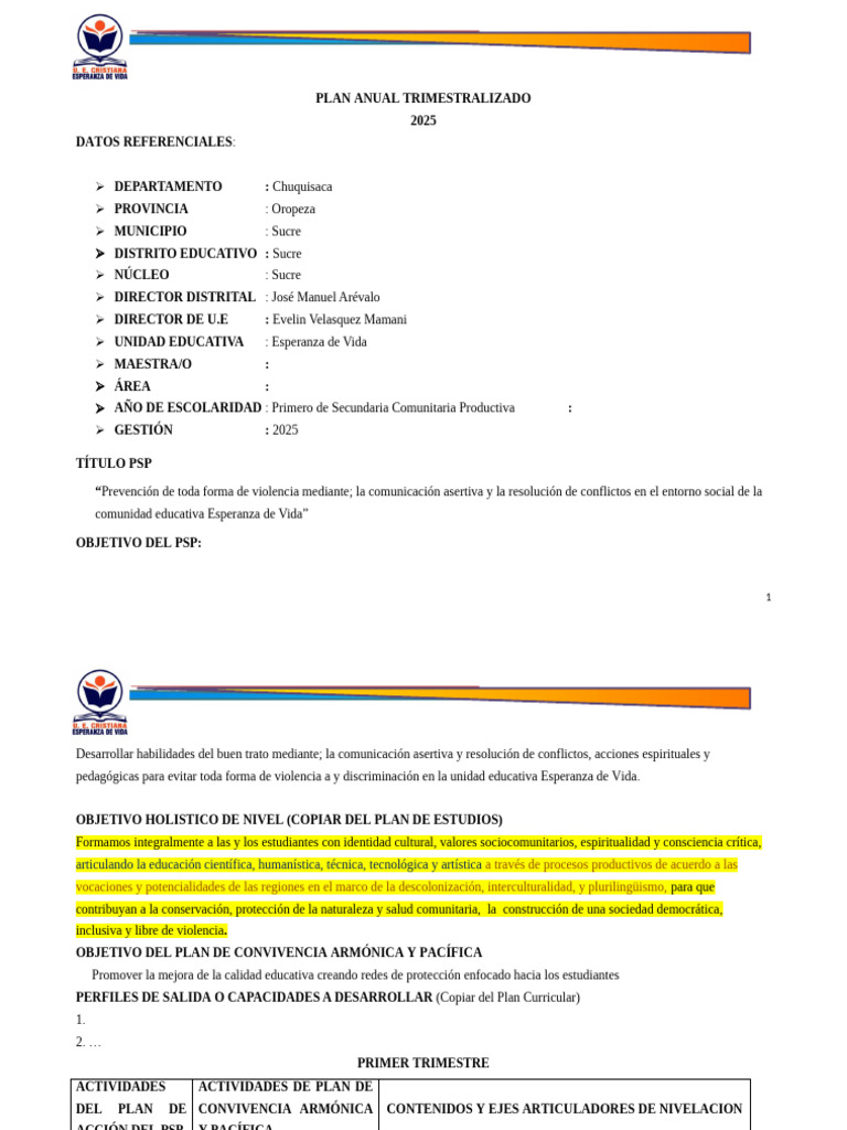 Plan Anual Trimestral 2025 Sucre | PDF | Plan de estudios | Salón de clases