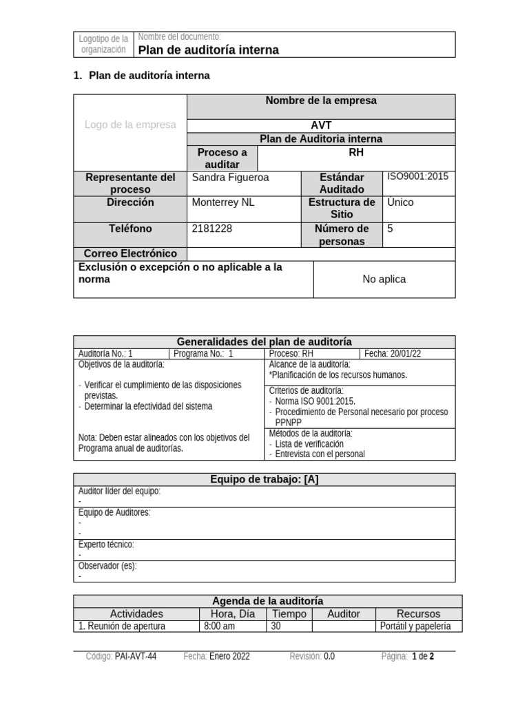 Plan de Auditoría Interna ISO 9001:2015 | PDF | Auditoría | Contralor