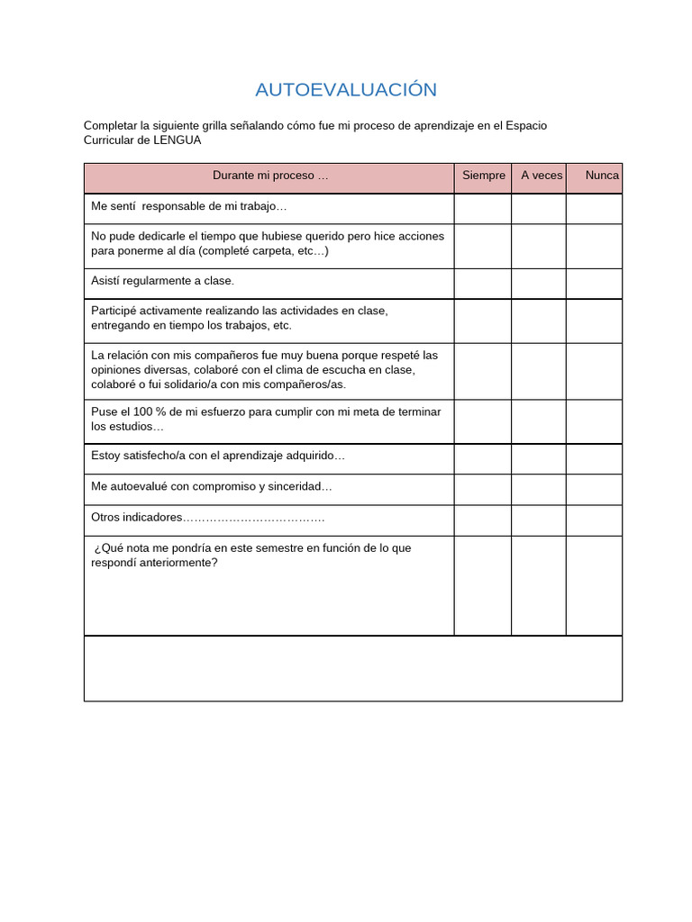 Autoevaluación del Aprendizaje en Lengua | PDF