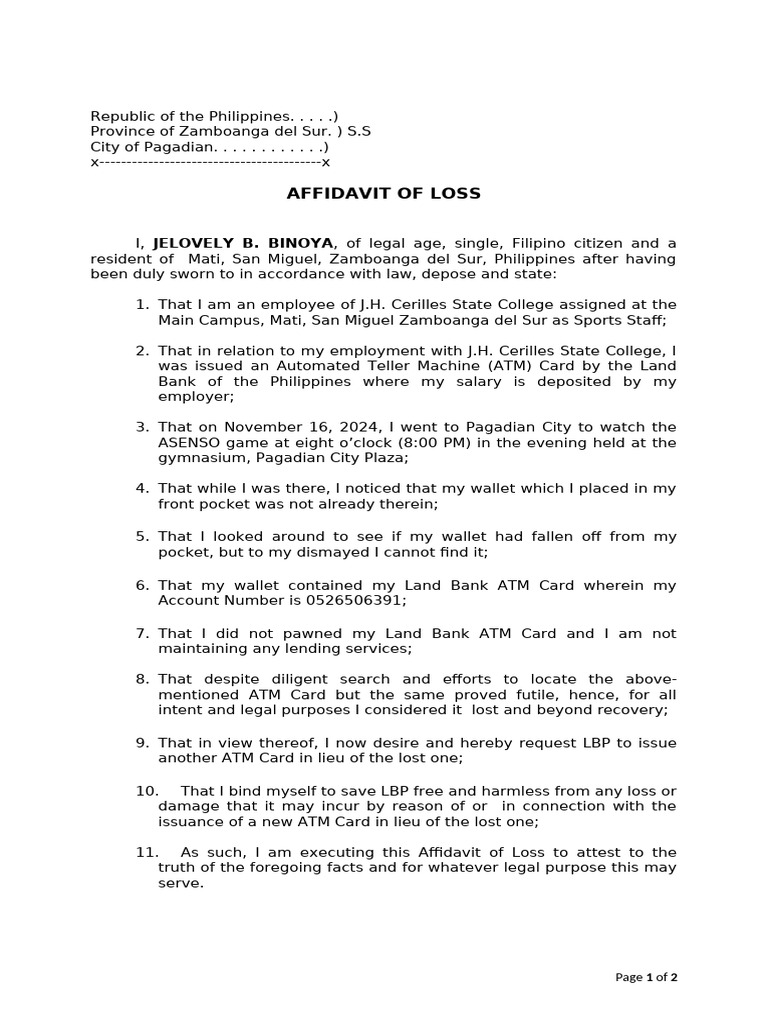 Affidavit of Loss Automated Machine Card Binoya | PDF | Affidavit
