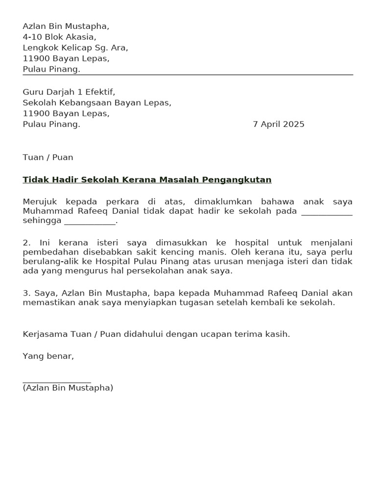 Surat Rasmi Tidak Hadir Sekolah | PDF