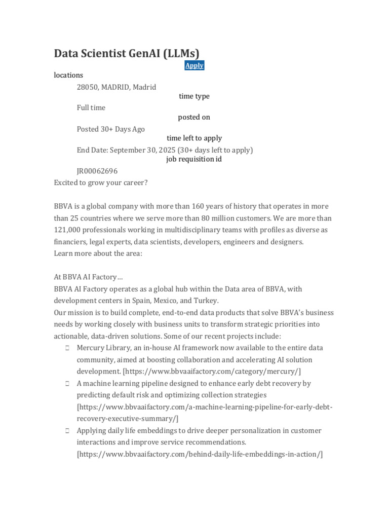 Data Scientist Role at BBVA AI Factory | PDF | Artificial Intelligence ...