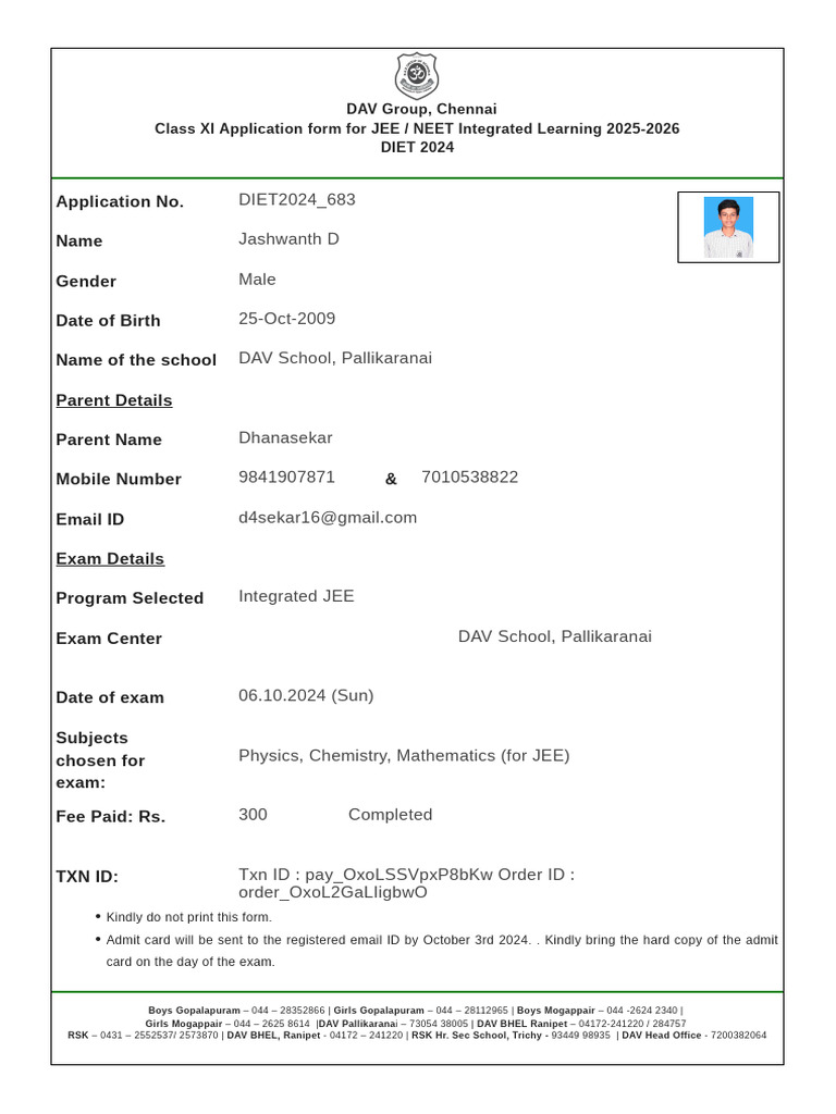 DAV Class XI Application For JEE - NEET - Jashwanth D | PDF