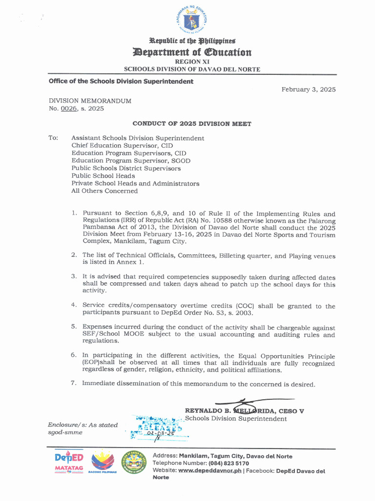 DM 0026 S. 2025 Conduct of 2025 Division Meet | PDF