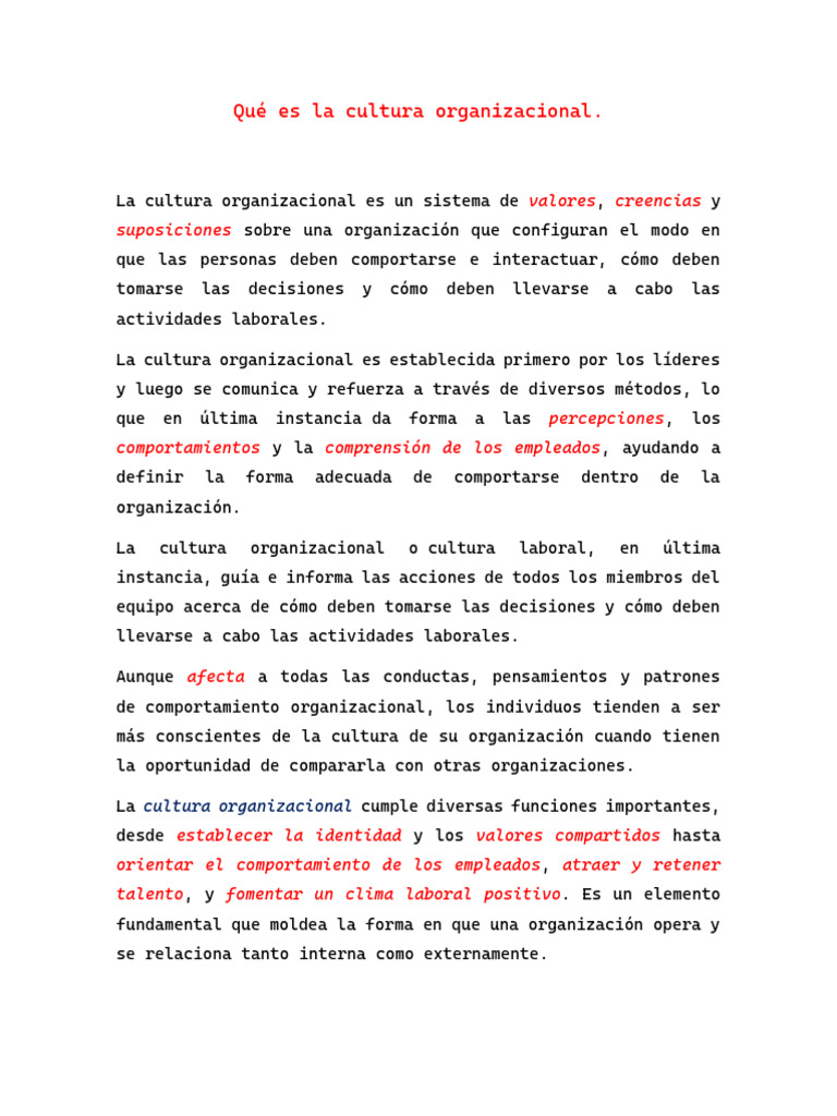 Definición y Funciones de la Cultura Organizacional | PDF | Cultura ...