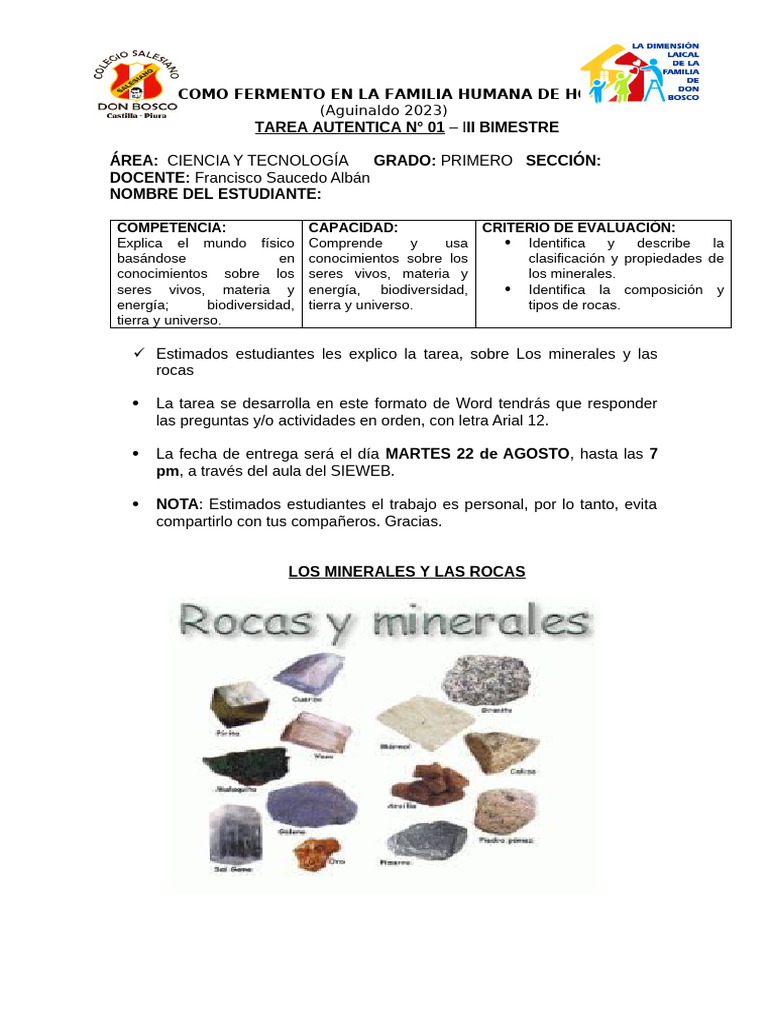 Tarea Autentica N 01 Los Minerales y Las Rocas Primer Ano Iii Bimestre ...