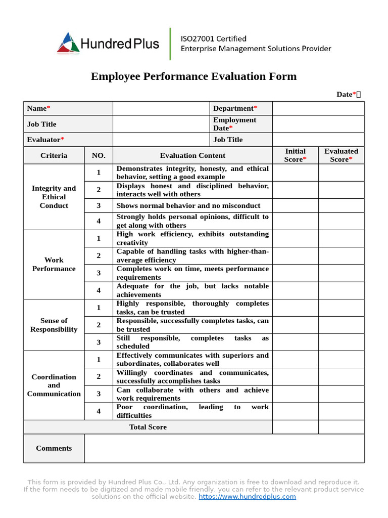 Example Form Employee Performance Evaluation FormAfter Digitalization ...
