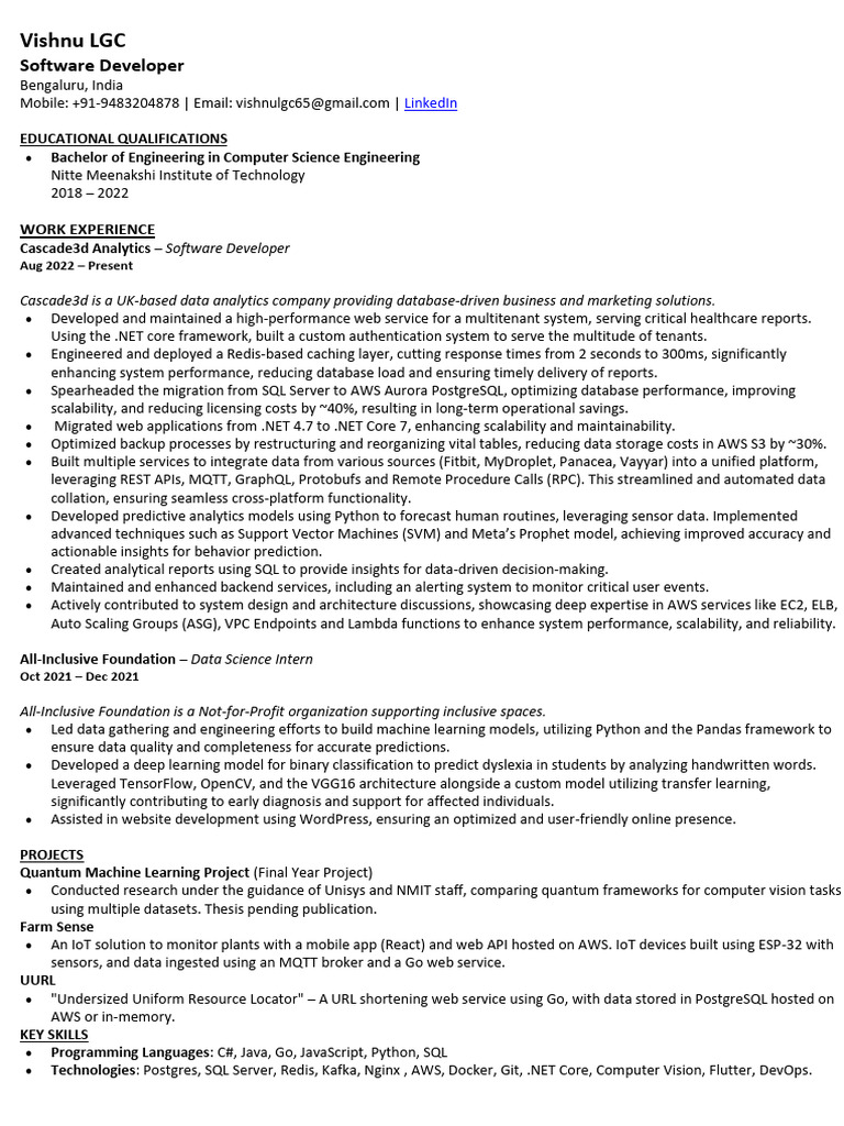 Software Developer Profile: Vishnu LGC | PDF | Databases | Postgre Sql