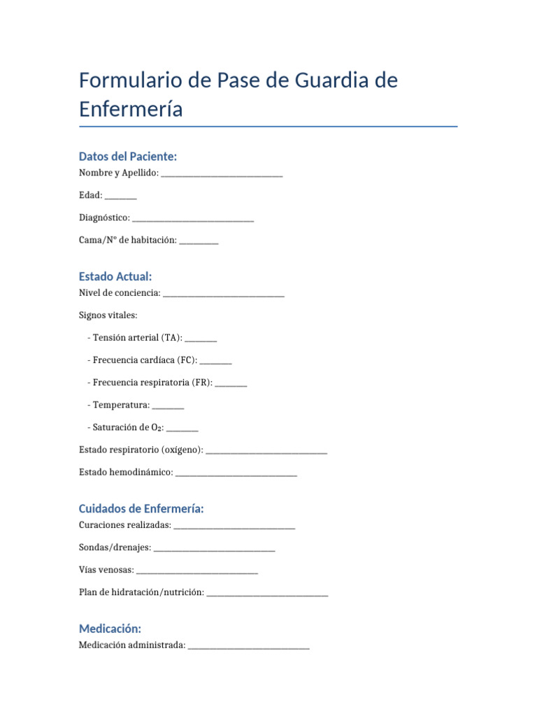 Formulario de Pase de Guardia Enfermería | PDF