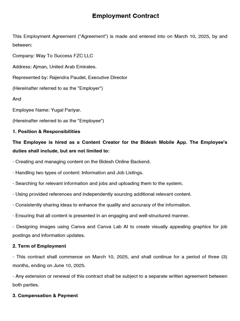 Employement Contract | PDF | Employment | Private Law