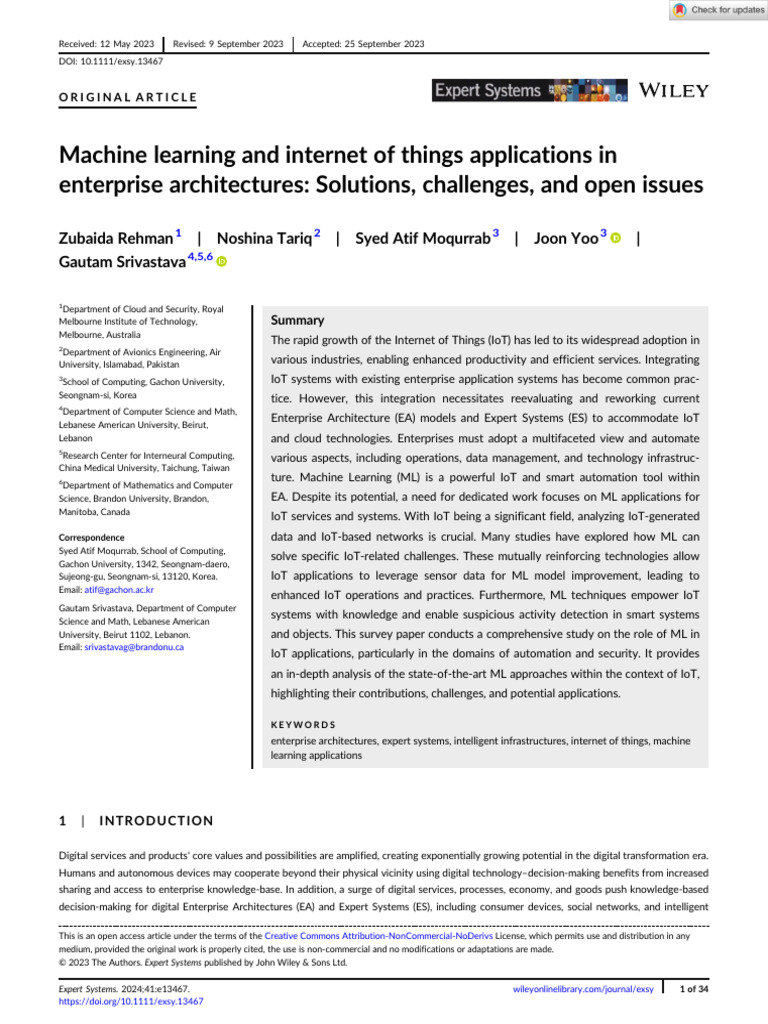 Expert Systems - 2023 - Rehman - Machine Learning and Internet of ...