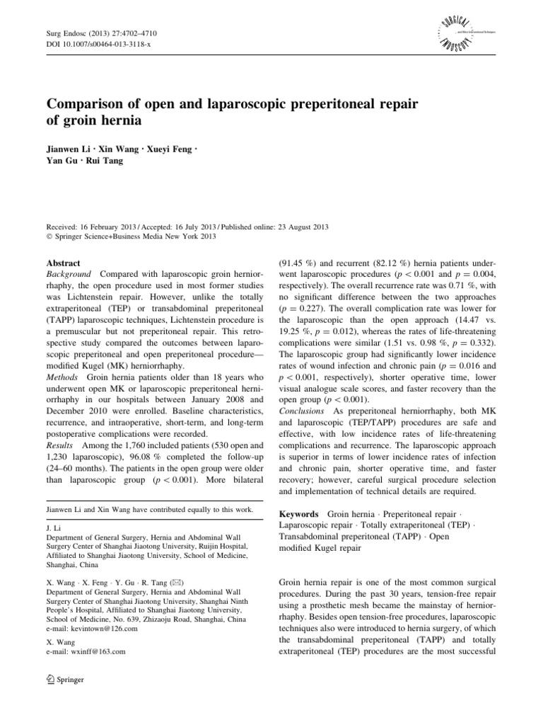 Open vs Laparoscopic Preperitoneal Hernia Repair | PDF