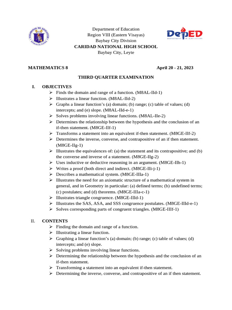 Math 8 Third Quarter Exam Guide | PDF | Mathematical Proof | Function ...
