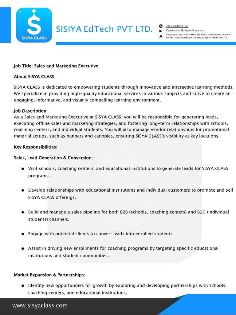 Sales & Marketing Executive at SISYA CLASS | PDF | Marketing | Sales