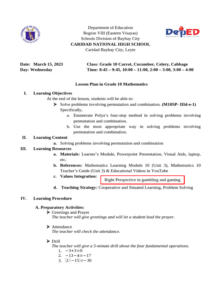 Grade 10 Math Lesson Plan: Permutations & Combinations | PDF ...