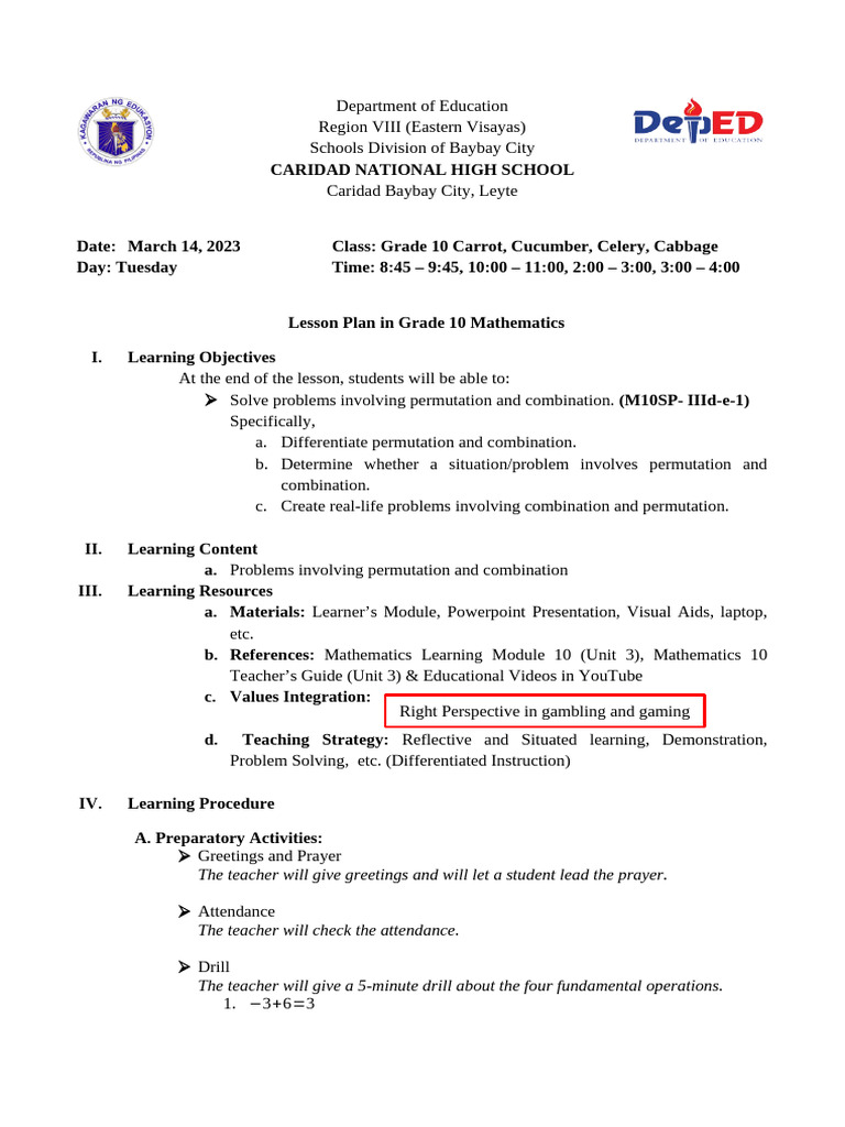 Grade 10 Math Lesson Plan: Permutations & Combinations | PDF | Learning ...
