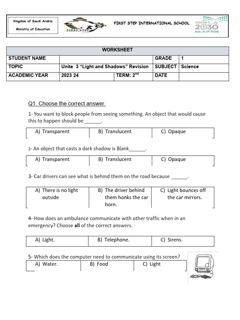 Light and Shadows Science Worksheet | PDF