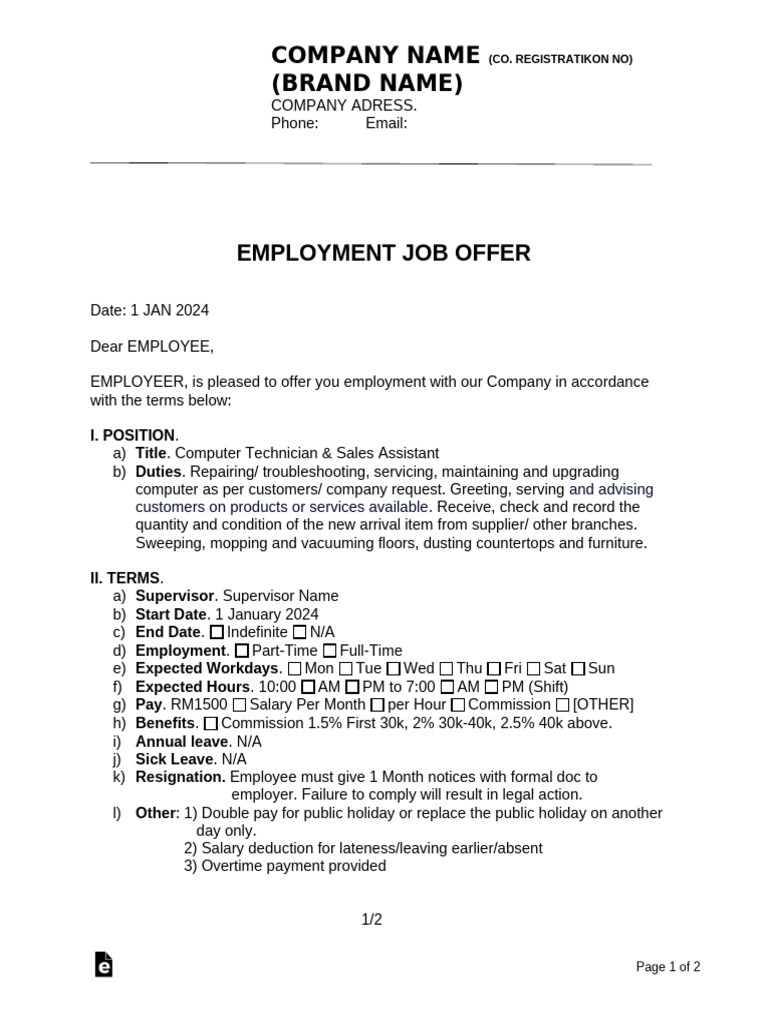 Employment Offer Letter for Technician Role | PDF