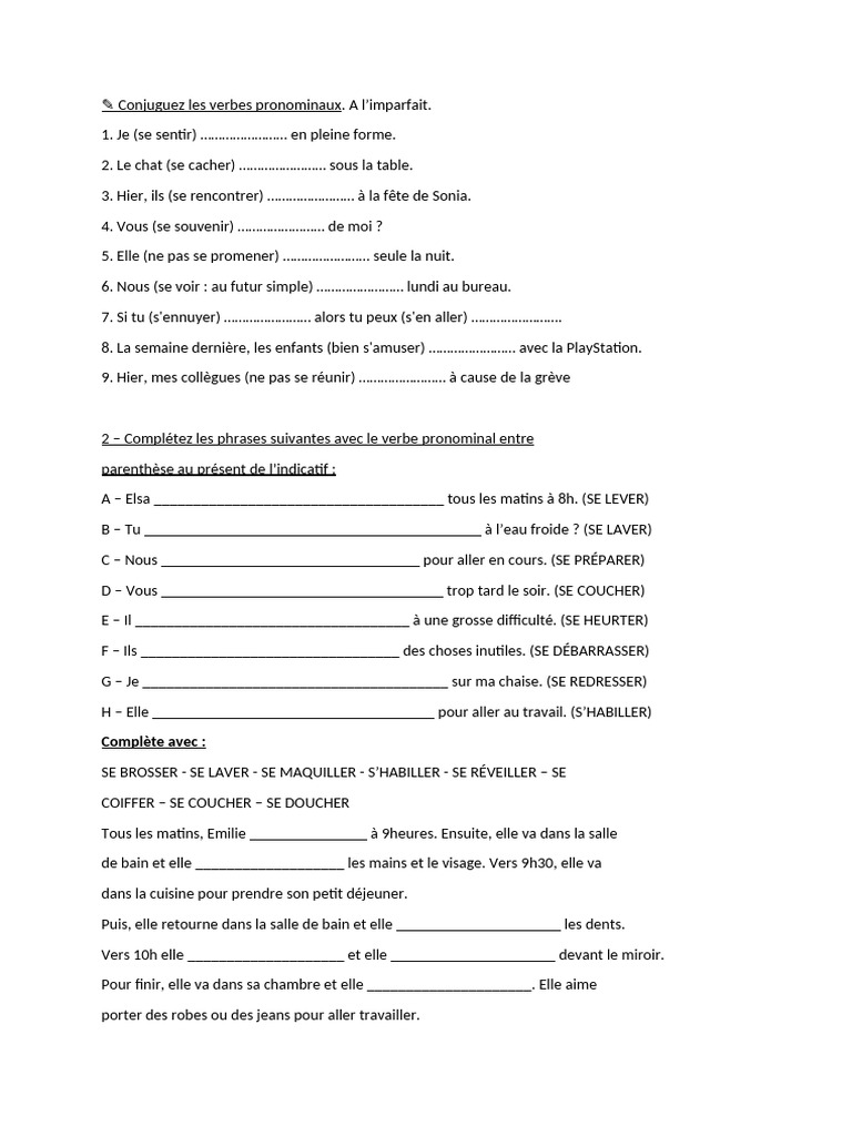 Exercices sur les verbes pronominaux | PDF