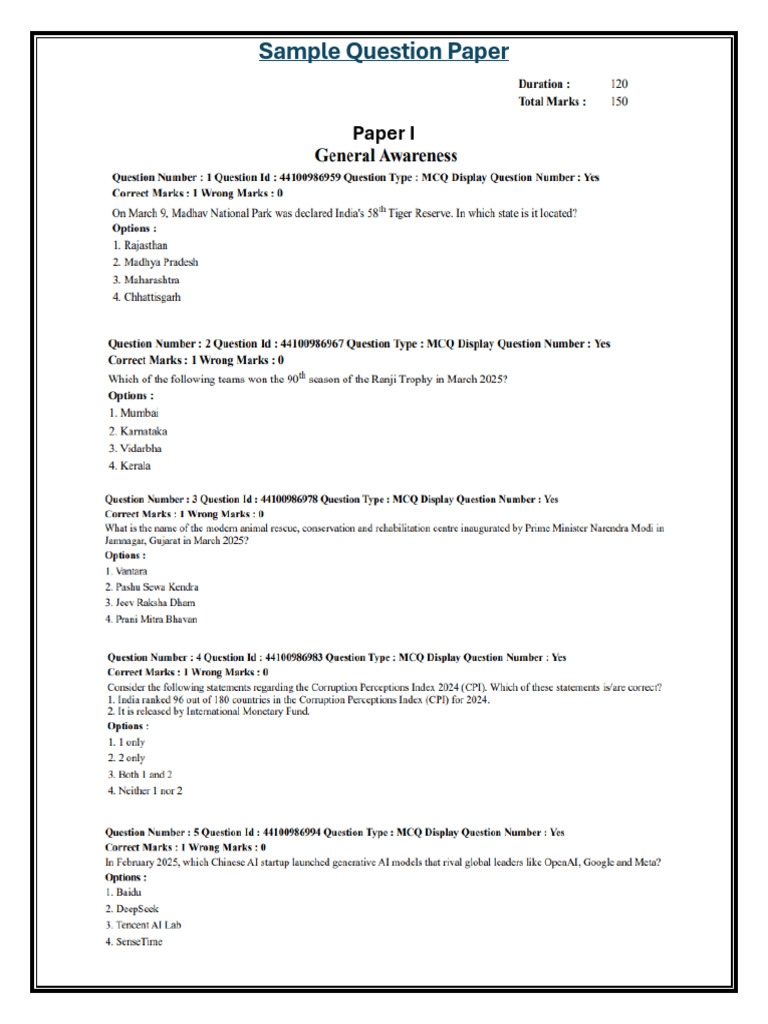 Punjab Police Sample Question Paper | PDF