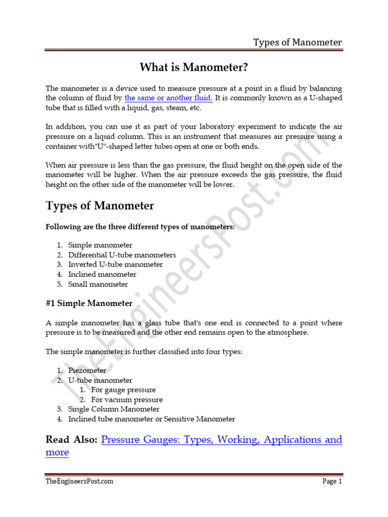 Types and Applications of Manometers | PDF | Pressure Measurement ...