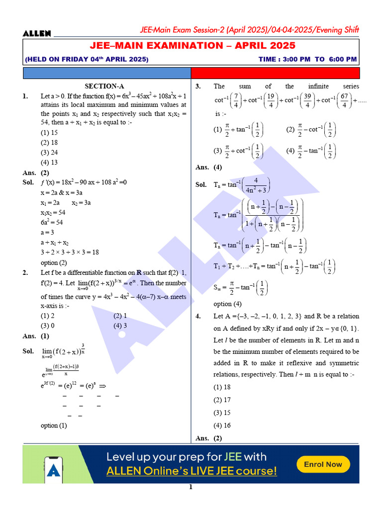 A.P. Sums and Products in JEE 2025 | PDF | Analytic Geometry ...