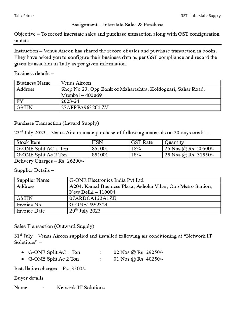 Tally Prime GST - Interstate Supply | PDF