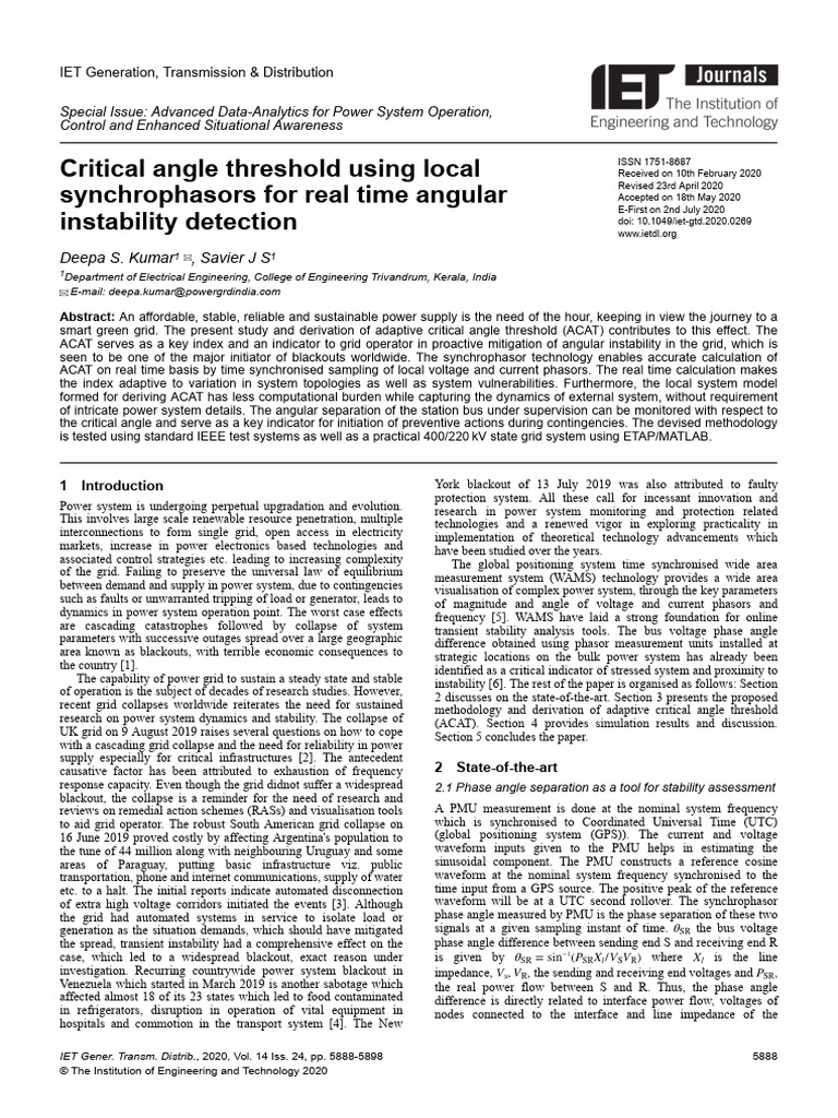 Critical angle threshold using local synchrophasors for real time ...