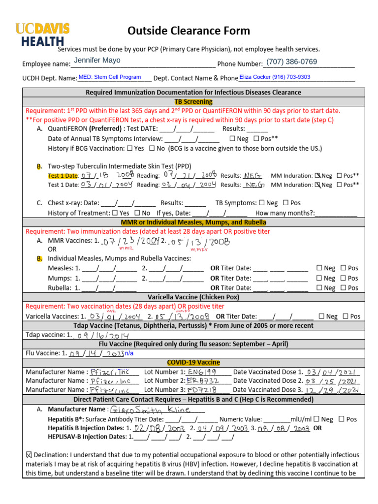 Outside Clearance Form: Jennifer Mayo (707) 386-0769 | PDF | Hepatitis ...