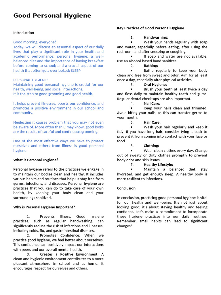 Essential Guide to Personal Hygiene | PDF | Hygiene | Sleep