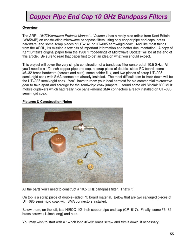 Copper Pipe End Cap 10 GHZ Bandpass Filters PDF Printed Circuit