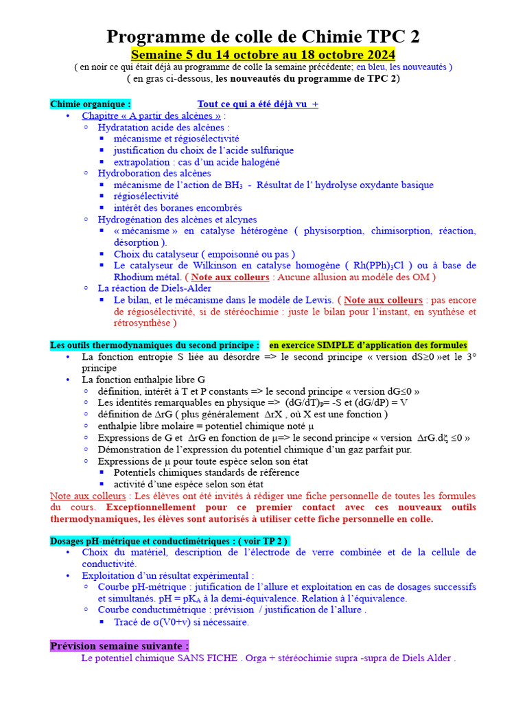 Programme de Colle Chimie TPC 2 S5 | PDF | Catalyse | Chimie