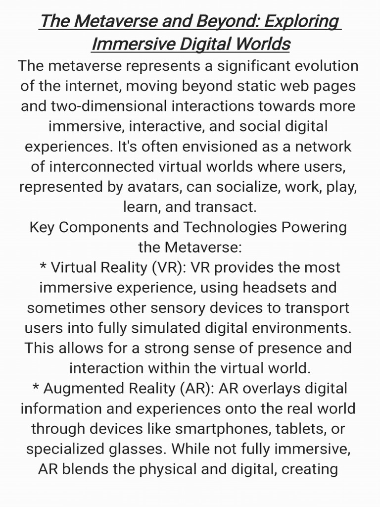 The Metaverse and Beyond: Exploring Immersive Digital Worlds | PDF