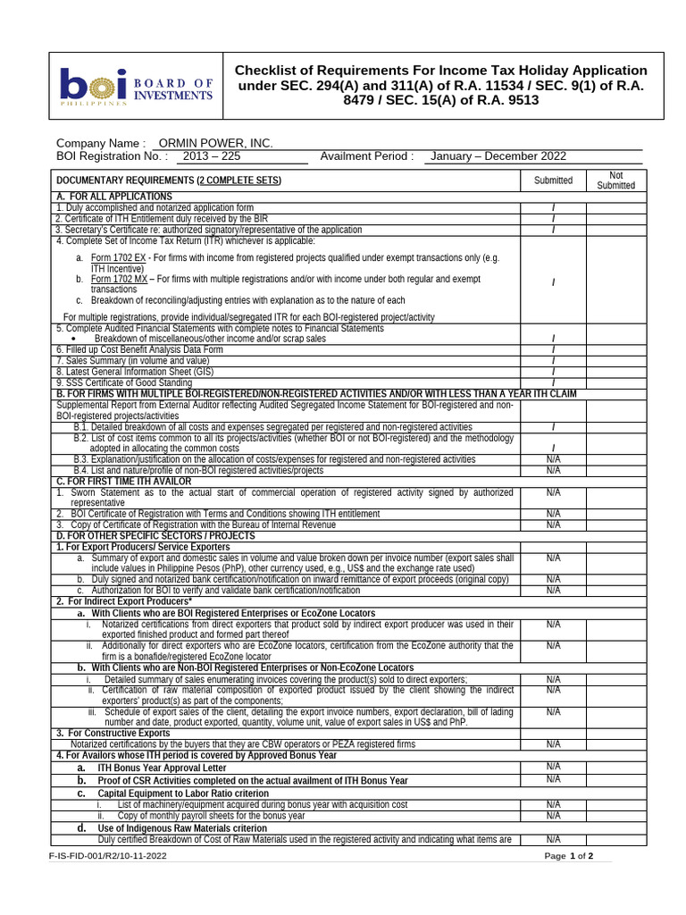 Income Tax Holiday Application Checklist | PDF | Taxes | Economies