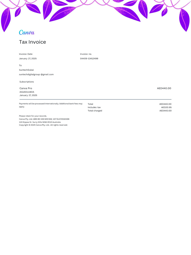 Canva Pro Invoice with VAT Details | PDF