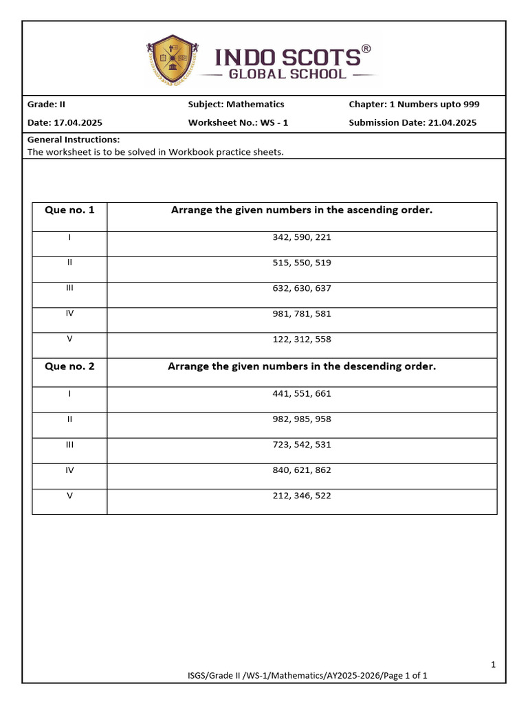 Que No. 1 Arrange The Given Numbers in The Ascending Order | PDF